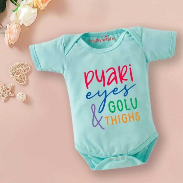 Baby First Birthday Celebrations Romper Clothes Baby Newborn Bodysuits Outfit Envelop Neck Half Sleeve Unisex Onesies "Pyaari Eyes & Golu Thighs" - Image 2