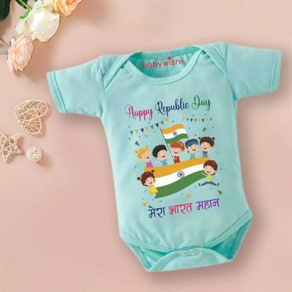 Baby First Republic Day Romper Clothes Baby Bodysuits Newborn Outfit Envelop Neck Half Sleeve Unisex Onesies"Happy Republic Day" - Image 4