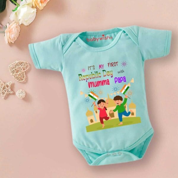 Baby First Republic Day Romper Clothes Baby Bodysuits Newborn Outfit Envelop Neck Half Sleeve Unisex Onesies"Happy Republic Day" - Image 4