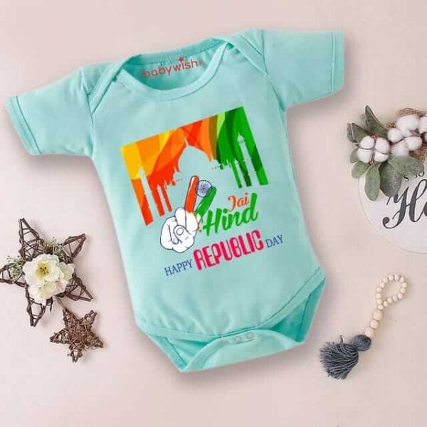Baby First Republic Day Romper Clothes Baby Bodysuits Newborn Outfit Envelop Neck Half Sleeve Unisex Onesies"Happy Republic Day" - Image 4