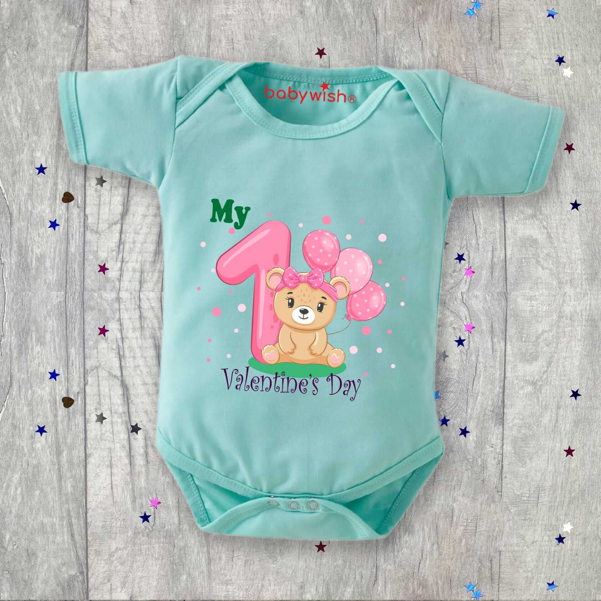 Baby First Valentine’s Day Romper Clothes | Baby Valentine Bodysuits | Newborn Outfit Envelope Neck Half Sleeve Unisex Onesies “First Valentine Balloon” | Cute Baby Gift for Boys & Girls