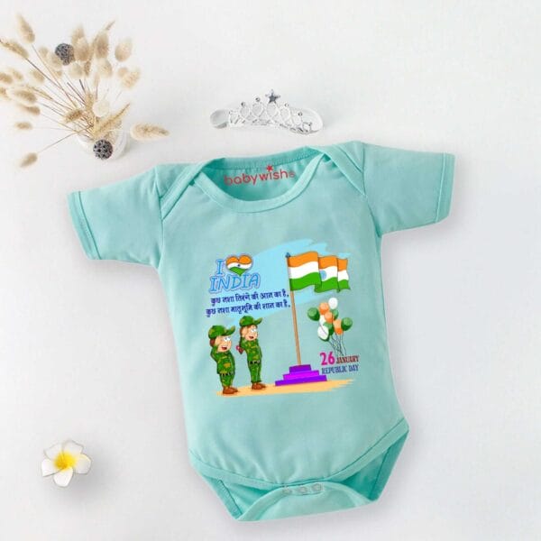 Baby First Republic Day Romper Clothes Baby Bodysuits Newborn Outfit Envelop Neck Half Sleeve Unisex Onesies"Happy Republic Day" - Image 4