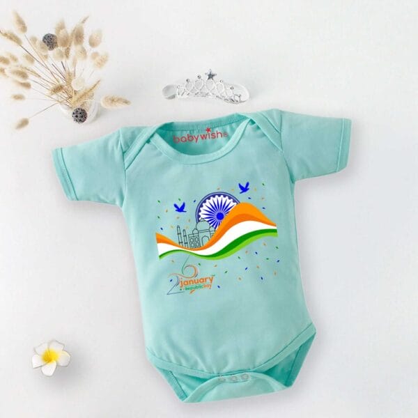 Baby First Republic Day Romper Clothes Baby Bodysuits Newborn Outfit Envelop Neck Half Sleeve Unisex Onesies"Happy Republic Day" - Image 2
