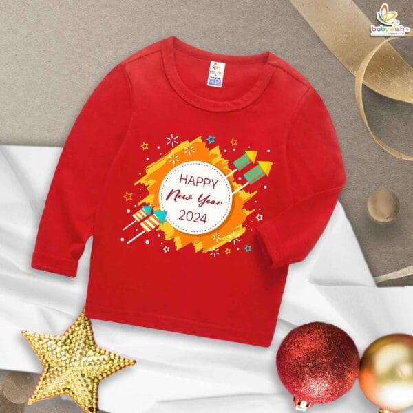 My First New Year T-Shirt | Happy New Year Firecracker Print Full Sleeve Baby Tee | Festive Winter Outfit for Boys & Girls – Babywish - Image 2