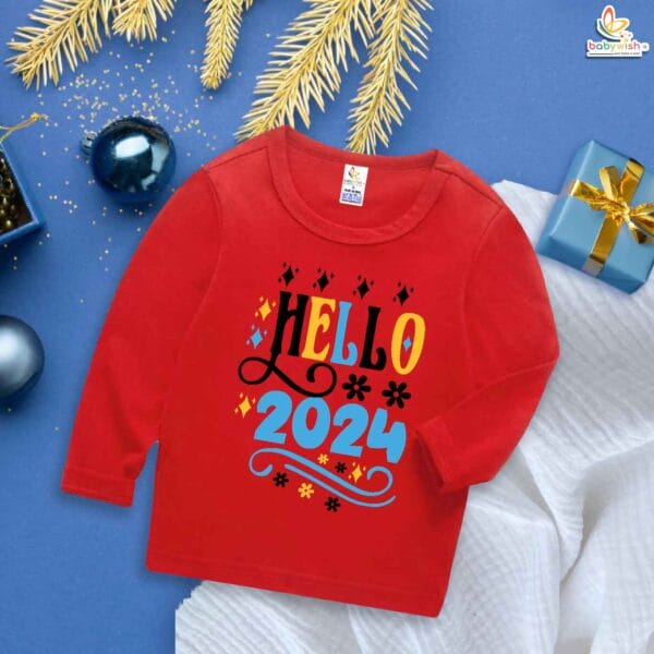 My First New Year T-Shirt | Hello Print Full Sleeve Baby Tee | Winter New Year Outfit for Baby Boys & Girls – Babywish - Image 2