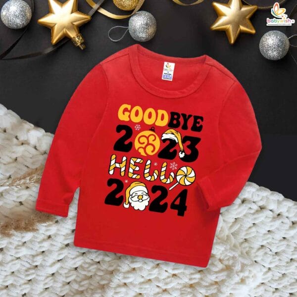 My First New Year T-Shirt | Goodbye 2023 Hello 2024 Hat Print Full Sleeve Baby Tee | Winter Outfit for Boys & Girls – Babywish - Image 2