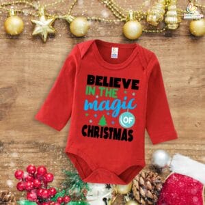 My First Christmas Romper | Believe in the Magic of Christmas Print Bodysuit for Baby Boys & Girls | Festive Holiday Outfit – Babywish
