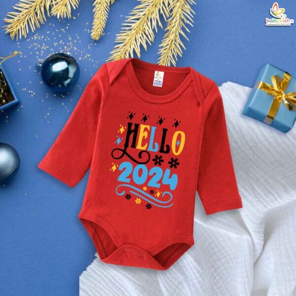 My First New Year Romper | Hello Print Full Sleeve Baby Bodysuit | Winter Festive Outfit for Boys & Girls – Babywish - Image 2