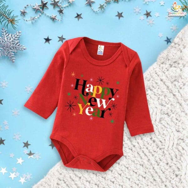 My First New Year Romper | Happy New Year Full Sleeve Baby Bodysuit | Winter Celebration Outfit for Baby Boys & Girls – Babywish - Image 2