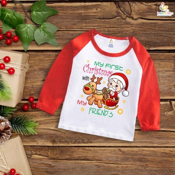 My First Christmas T-Shirt | Full Sleeve Baby Tee – Celebrating First Christmas with Friends | Festive Outfit for Boys & Girls – Babywish - Image 2