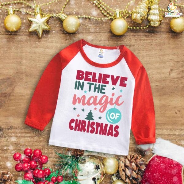 My First Christmas T-Shirt | Believe in the Magic of Christmas Print | Full Sleeve Baby Tee for Holiday Celebrations – Babywish - Image 2