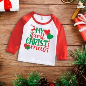 My First Christmas T-Shirt | My First Christmas Heart Print Full Sleeve Baby Tee for Boys & Girls | Cute Holiday Outfit – Babywish