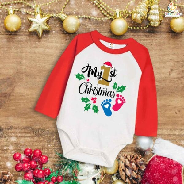 Babywish Christmas Romper Clothes My First Merry Bodysuit Romper My First Christmas Foot Print - Image 2