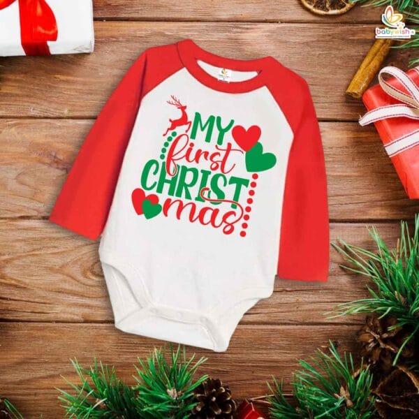 My First Christmas Romper | My First Christmas Heart Print Bodysuit for Baby Boys & Girls | Festive Holiday Outfit – Babywish - Image 2