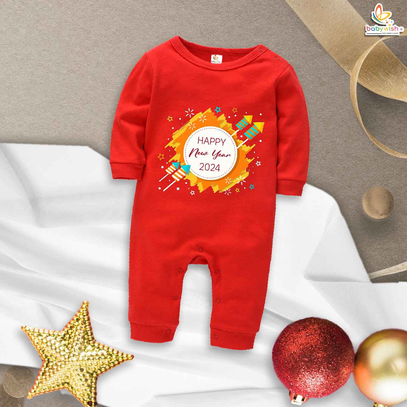 My First New Year Romper | Happy New Year Firecracker Print Full Body Bodysuit | Festive Baby Outfit for Boys & Girls – Babywish