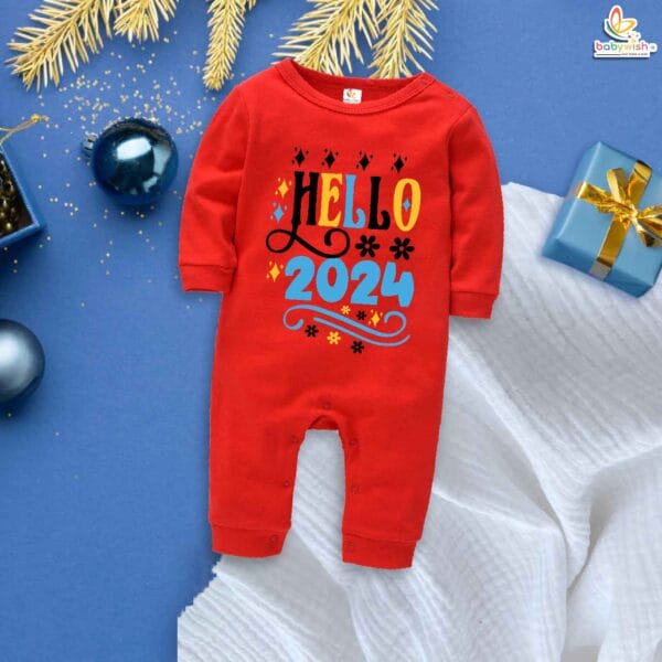 My First New Year Romper | Hello Print Full Body Bodysuit for Baby Boys & Girls | Festive New Year Outfit – Babywish