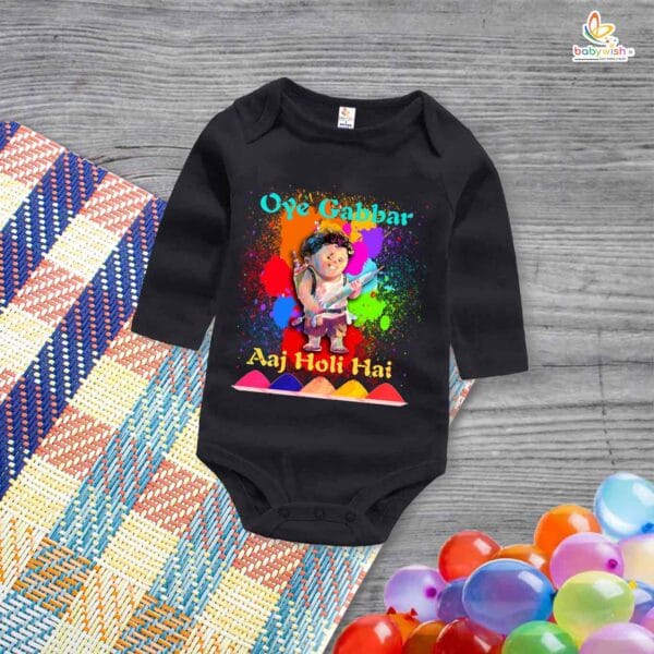 My First Holi Full Sleeve Romper – "Oye Gabbar Aaj Holi Hai" Bodysuit for Babies – Babywish - Image 2