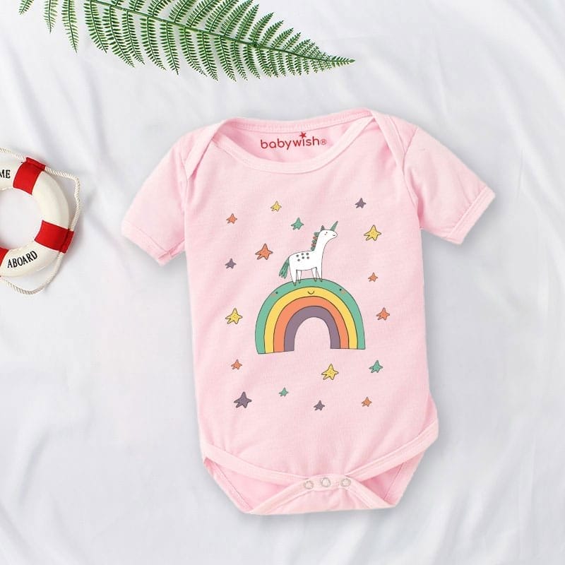 Baby First Birthday Celebrations Romper Clothes Baby Newborn Bodysuits Outfit Envelop Neck Half Sleeve Unisex Onesies "Unicorn Print"