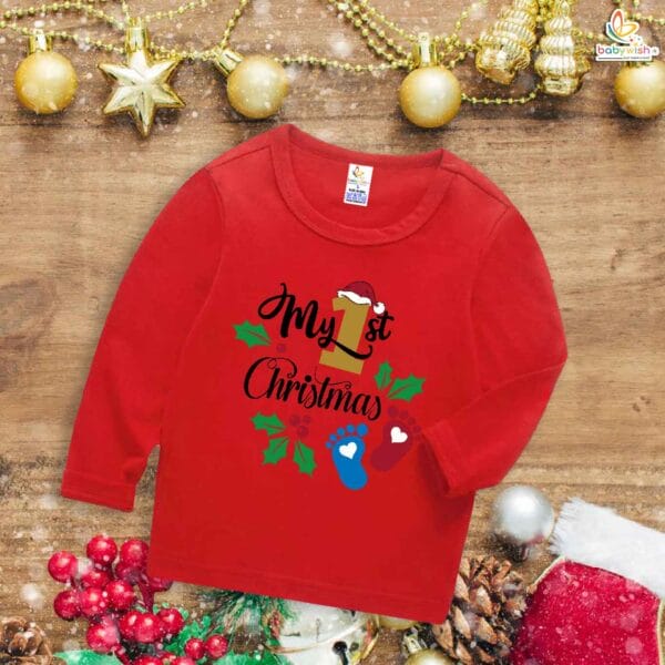 My First Christmas T-Shirt | Adorable Footprint Design Full Sleeve Baby Tee | Festive Holiday Outfit for Boys & Girls – Babywish - Image 2