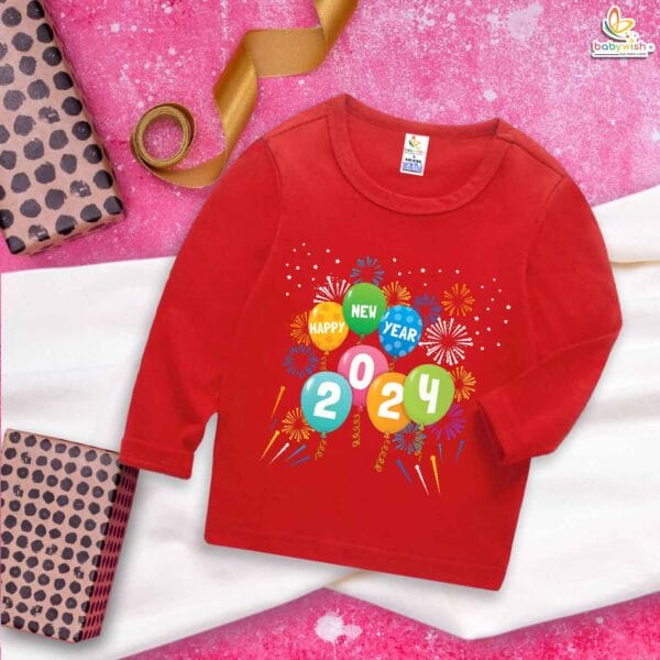 My First New Year T-Shirt | Happy New Year Firecrackers Balloon Print Full Sleeve Baby Tee | Holiday Outfit for Boys & Girls – Babywish - Image 2