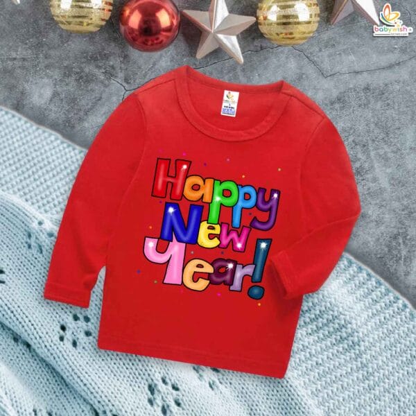 My First New Year T-Shirt | Happy New Year! Print Full Sleeve Baby Tee | Winter Festival Outfit for Boys & Girls – Babywish - Image 2