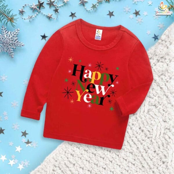 My First New Year T-Shirt | Happy New Year Print Full Sleeve Baby Tee | Winter Celebration Outfit for Boys & Girls – Babywish - Image 2