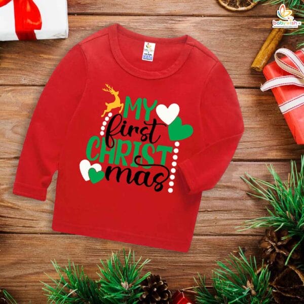 My First Christmas T-Shirt | My First Christmas Heart Print Full Sleeve Baby Tee for Boys & Girls | Cute Holiday Outfit – Babywish - Image 2