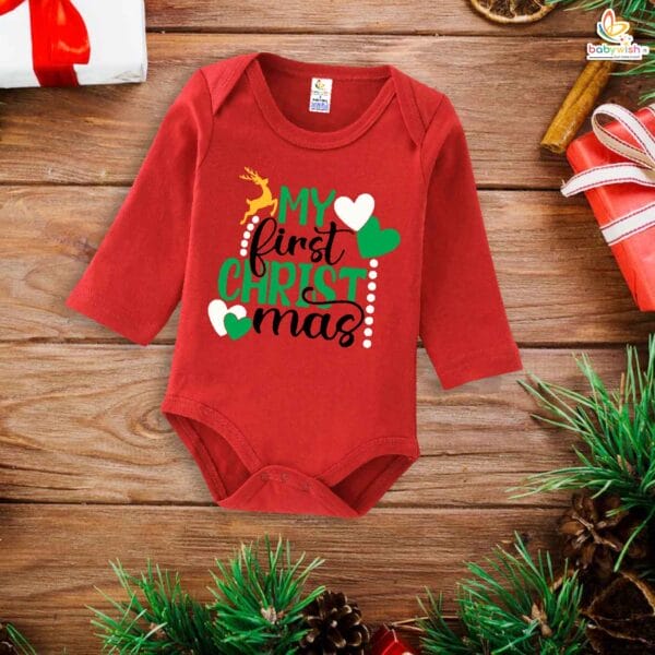 My First Christmas Romper | My First Christmas Heart Print Bodysuit for Baby Boys & Girls | Festive Holiday Outfit – Babywish