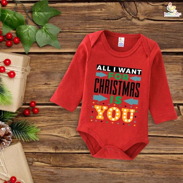 My First Christmas Romper | All I Want for Christmas Is You Print Bodysuit for Baby Boys & Girls | Festive Holiday Outfit – Babywish