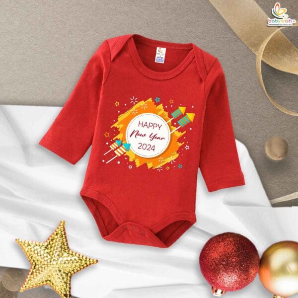 My First New Year Romper | Happy New Year Firecracker Print Full Sleeve Baby Bodysuit | Festive Winter Outfit for Boys & Girls – Babywish - Image 2