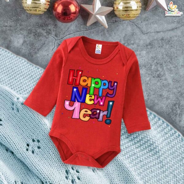 My First New Year Romper | Happy New Year! Print Full Sleeve Baby Bodysuit | Winter Festival Outfit for Baby Boys & Girls – Babywish - Image 2
