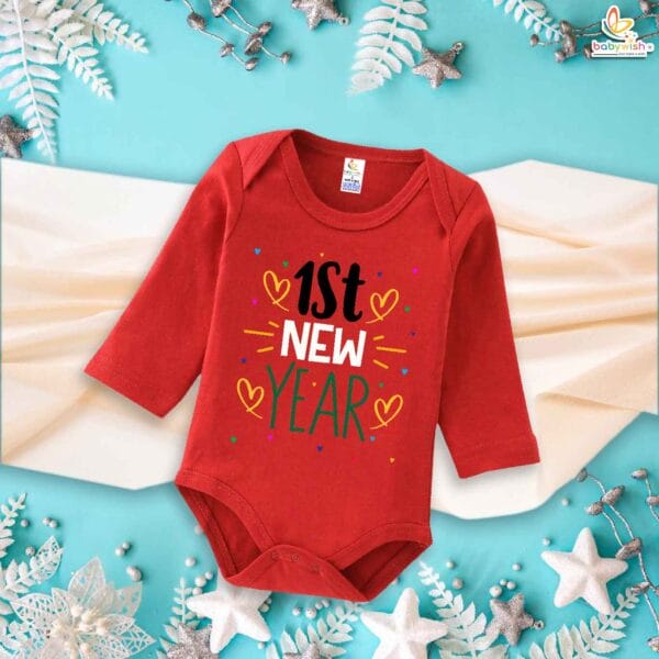 My First New Year Romper | 1st New Year Print Full Sleeve Baby Bodysuit | Winter Festive Outfit for Boys & Girls – Babywish - Image 2
