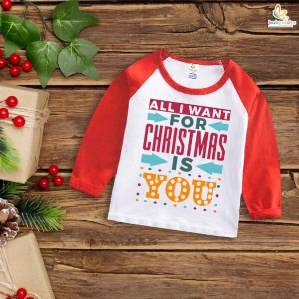 My First Christmas T-Shirt | All I Want for Christmas is You Print | Full Sleeve Baby Tee for Boys & Girls – Babywish - Image 2