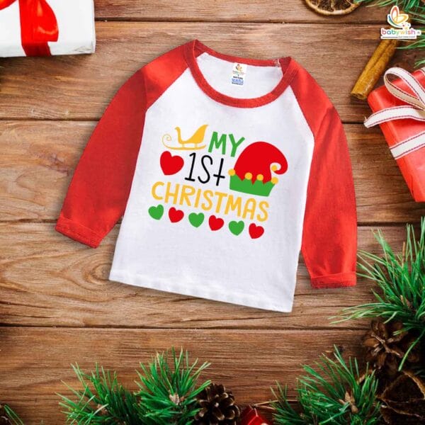 My First Christmas T-Shirt | Santa Hat Print Full Sleeve Baby Tee | Festive Holiday Outfit for Boys & Girls – Babywish - Image 2