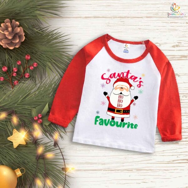 My First Christmas T-Shirt | Santa’s Favourite HO HO HO Print Full Sleeve Baby Tee | Cute Holiday Outfit for Boys & Girls – Babywish - Image 2