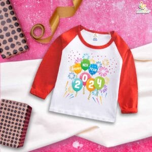 My First New Year T-Shirt | Happy New Year Firecrackers Balloon Print Full Sleeve Baby Tee | Holiday Outfit for Boys & Girls – Babywish