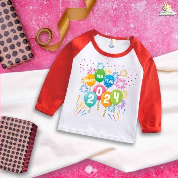My First New Year T-Shirt | Happy New Year Firecrackers Balloon Print Full Sleeve Baby Tee | Holiday Outfit for Boys & Girls – Babywish