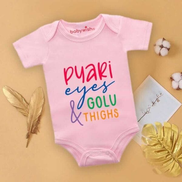 Baby First Birthday Celebrations Romper Clothes Baby Newborn Bodysuits Outfit Envelop Neck Half Sleeve Unisex Onesies "Pyaari Eyes & Golu Thighs" - Image 3
