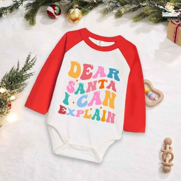 My First Christmas Romper | Dear Santa I Can Explain Print Full Sleeve Bodysuit for Baby Boys & Girls | Funny Holiday Outfit – Babywish - Image 2