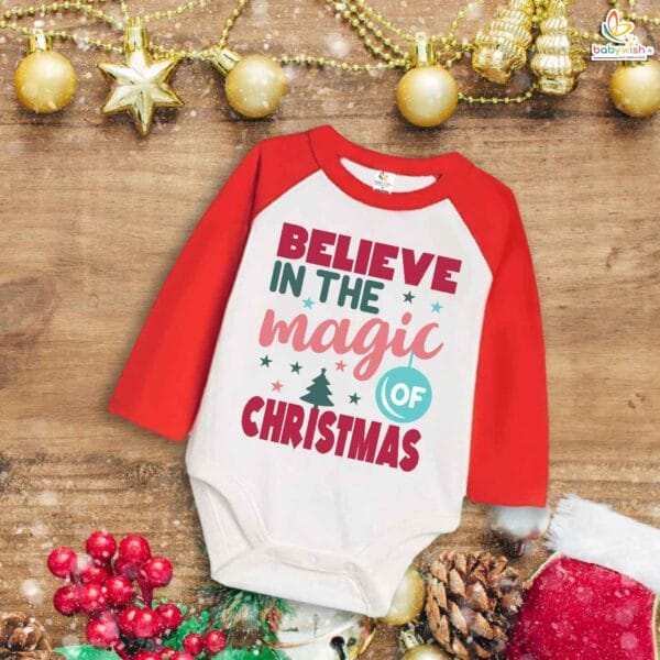 My First Christmas Romper | Believe in the Magic of Christmas Print Bodysuit for Baby Boys & Girls | Festive Holiday Outfit – Babywish - Image 2