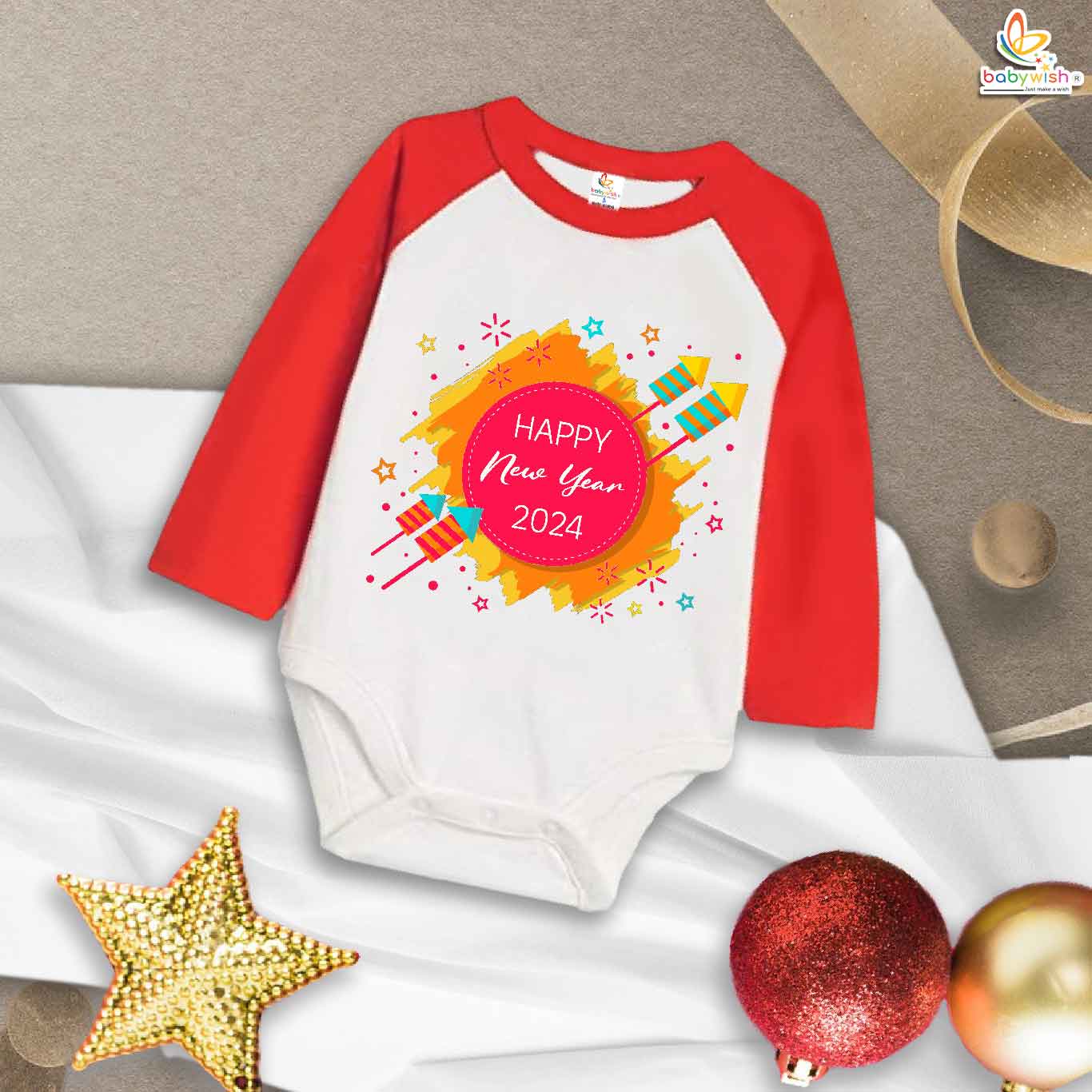 My First New Year Romper | Happy New Year Firecracker Print Full Sleeve Baby Bodysuit | Festive Winter Outfit for Boys & Girls – Babywish