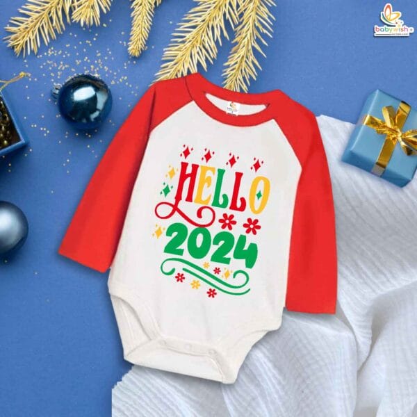 My First New Year Romper | Hello Print Full Sleeve Baby Bodysuit | Winter Festive Outfit for Boys & Girls – Babywish