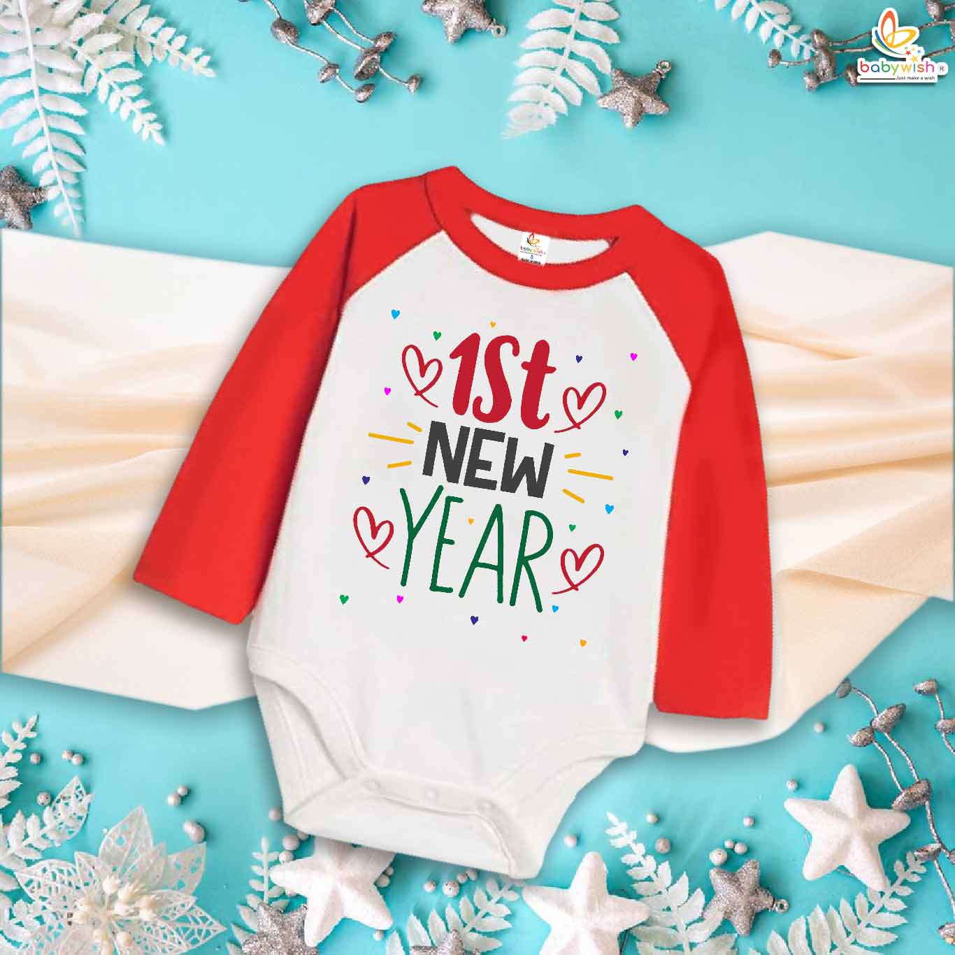 My First New Year Romper | 1st New Year Print Full Sleeve Baby Bodysuit | Winter Festive Outfit for Boys & Girls – Babywish