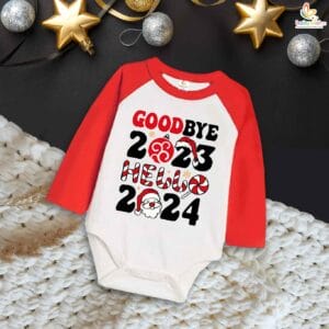 My First New Year Romper | Goodbye 2023 Hello 2024 Hat Print Full Sleeve Baby Bodysuit | Winter Festive Outfit for Boys & Girls – Babywish