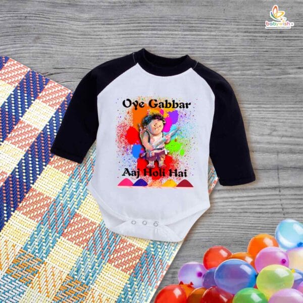 My First Holi Full Sleeve Romper – "Oye Gabbar Aaj Holi Hai" Bodysuit for Babies – Babywish