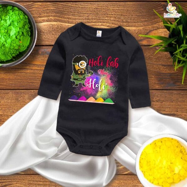 My First Holi Full Sleeve Romper – Gabbar Printed "My First Holi" Bodysuit for Babies – Babywish - Image 3