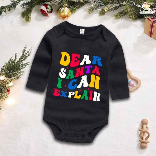 My First Christmas Romper | Dear Santa I Can Explain Print Full Sleeve Bodysuit for Baby Boys & Girls | Funny Holiday Outfit – Babywish - Image 3