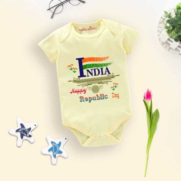 Baby First Republic Day Romper Clothes Baby Bodysuits Newborn Outfit Envelop Neck Half Sleeve Unisex Onesies"Happy Republic Day" - Image 4