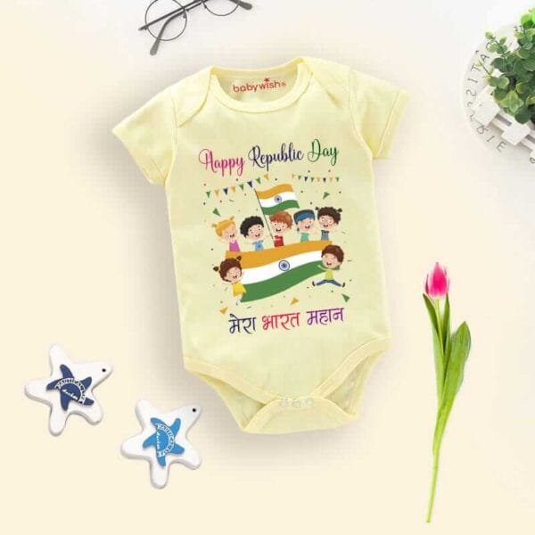 Baby First Republic Day Romper Clothes Baby Bodysuits Newborn Outfit Envelop Neck Half Sleeve Unisex Onesies"Happy Republic Day" - Image 2