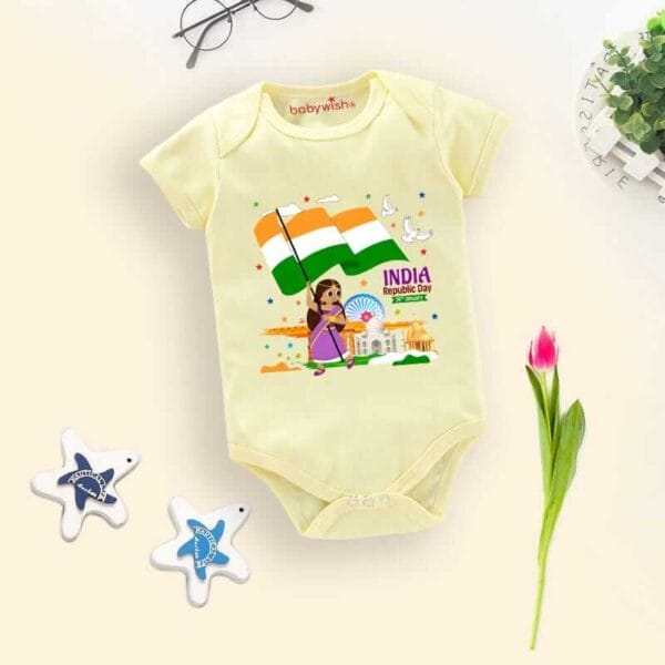 Baby First Republic Day Romper Clothes Baby Bodysuits Newborn Outfit Envelop Neck Half Sleeve Unisex Onesies"Happy Republic Day" - Image 2